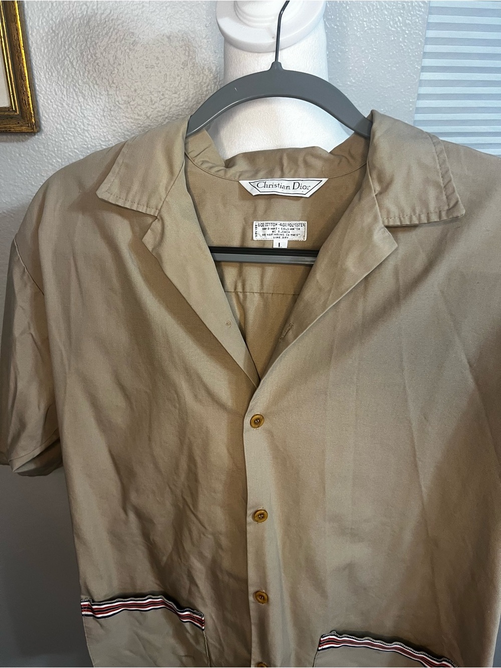 Vintage Christian Dior Work Shirt Button-Down Women's Large Tan, Blue White red - Picture 13 of 16